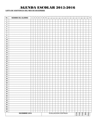 AGENDA ESCOLAR 2015-2016
LISTA DE ASISTENCIA DEL MES DE DICIEMBRE
No. NOMBRE DEL ALUMNO 1 2 3 6 7 8 9
1
0
1
3
1
4
1
5
1
6
1
7
2
0
2
1
2
2
2
3
2
4
2
7
2
8
2
9
3
0
31
1
2
3
4
5
6
7
8
9
10
11
12
13
14
15
16
17
18
19
20
21
22
23
24
25
26
27
28
29
30
31
32
33
34
35
36
37
38
39
40
41
42
43
DICIEMBRE 2014 EVALUACION CONTINUA
CON
PAR
PAR
BIM
FINA
 
