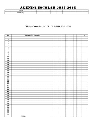 AGENDA ESCOLAR 2015-2016
TOTAL:
PROMEDIO
CALIFICACIÓN FINAL DEL CICLO ESCOLAR 2015 - 2016
No. NOMBRE DEL ALUMNO CF
1
2
3
4
5
6
7
8
9
10
11
12
13
14
15
16
17
18
19
20
21
22
23
24
25
26
27
28
29
30
31
32
33
34
35
36
37
38
TOTAL:
 