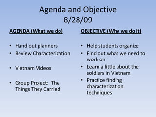 Agenda and Objective 8/28/09 AGENDA (What we do) Hand out planners Review Characterization Vietnam Videos Group Project:  The Things They Carried OBJECTIVE (Why we do it) Help students organize Find out what we need to work on Learn a little about the soldiers in Vietnam Practice finding characterization techniques 