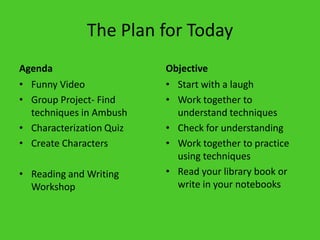 The Plan for Today Agenda Funny Video Group Project- Find techniques in Ambush Characterization Quiz Create Characters Reading and Writing Workshop Objective Start with a laugh Work together to understand techniques Check for understanding Work together to practice using techniques  Read your library book or write in your notebooks 