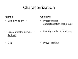 Characterization Agenda Game: Who am I? Communicator sleeves – Ambush Quiz Objective Practice using characterization techniques Identify methods in a story Prove learning 