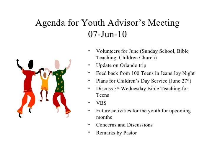 Agenda for youth advisor's meeting