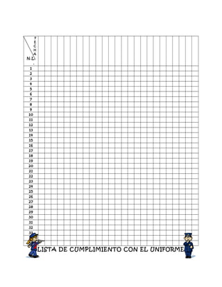F
E
C
H
A
N.L
.
1
2
3
4
5
6
7
8
9
10
11
12
13
14
15
16
17
18
19
20
21
22
23
24
25
26
27
28
29
30
31
32
33
34
35
LISTA DE CUMPLIMIENTO CON EL UNIFORME
 