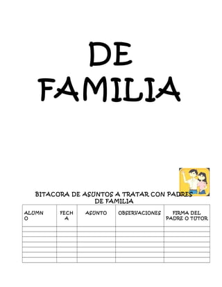 DE
FAMILIA
BITACORA DE ASUNTOS A TRATAR CON PADRES
DE FAMILIA
ALUMN
O
FECH
A
ASUNTO OBSERVACIONES FIRMA DEL
PADRE O TUTOR
 