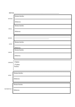 HOY ES________________________________________________________________________________
NATURAL
SOCIAL
RECREO
APOYO
LENGUA
COMEDOR
APOYO
MATEMÁTICAS
1ºplato:
2º plato:
Postre:
Hemos hecho:
Deberes:
Hemos hecho:
Deberes:
__________________________________________________________________________________________________
____________________________________________________________
Hemos hecho:
Deberes:
Hemos hecho:
Deberes:
Hemos hecho:
Deberes:
Hemos hecho:
Deberes:
 