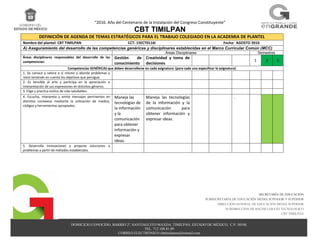 “2016. Año del Centenario de la Instalación del Congreso Constituyente”
CBT TIMILPAN
DOMICILIO CONOCIDO, BARRIO 2º, SANTIAGUITO MAXDA, TIMILPAN, ESTADO DE MÉXICO, C.P. 50540.
TEL. 712 108 81 09
CORREO ELECTRÓNICO cbttimilpann@hotmail.com
SECRETARÍA DE EDUCACIÓN
SUBSECRETARÍA DE EDUCACIÓN MEDIA SUPERIOR Y SUPERIOR
DIRECCIÓN GENERAL DE EDUCACIÓN MEDIA SUPERIOR
SUBDIRECCION DE BACHILLERATO TECNOLOGICO
CBT TIMILPAN
DEFINICIÓN DE AGENDA DE TEMAS ESTRATÉGICOS PARA EL TRABAJO COLEGIADO EN LA ACADEMIA DE PLANTEL
Nombre del plantel: CBT TIMILPAN CCT: 15ECT0116I Fecha: AGOSTO 2016
A) Aseguramiento del desarrollo de las competencias genéricas y disciplinares establecidas en el Marco Curricular Común (MCC)
Áreas Disciplinares Semestres
Áreas disciplinares responsables del desarrollo de las
competencias:
Gestión de
conocimiento
Creatividad y toma de
decisiones
1 3 5
Competencias GENÉRICAS que deben desarrollarse en cada asignatura (para cada una especificar la asignatura)
1. Se conoce y valora a sí mismo y aborda problemas y
retos teniendo en cuenta los objetivos que persigue.
2. Es sensible al arte y participa en la apreciación e
interpretación de sus expresiones en distintos géneros.
3. Elige y practica estilos de vida saludables.
4. Escucha, interpreta y emite mensajes pertinentes en
distintos contextos mediante la utilización de medios,
códigos y herramientas apropiados.
Maneja las
tecnologías de
la información
y la
comunicación
para obtener
información y
expresar
ideas.
Maneja las tecnologías
de la información y la
comunicación para
obtener información y
expresar ideas.
.
5. Desarrolla innovaciones y propone soluciones a
problemas a partir de métodos establecidos.
 