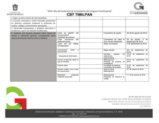“2016. Año del Centenario de la Instalación del Congreso Constituyente”
CBT TIMILPAN
DOMICILIO CONOCIDO, BARRIO 2º, SANTIAGUITO MAXDA, TIMILPAN, ESTADO DE MÉXICO, C.P. 50540.
TEL. 712 108 81 09
CORREO ELECTRÓNICO cbttimilpann@hotmail.com
SECRETARÍA DE EDUCACIÓN
SUBSECRETARÍA DE EDUCACIÓN MEDIA SUPERIOR Y SUPERIOR
DIRECCIÓN GENERAL DE EDUCACIÓN MEDIA SUPERIOR
SUBDIRECCION DE BACHILLERATO TECNOLOGICO
CBT TIMILPAN
3. Elige y practica estilos de vida saludables.
4. Escucha, interpreta y emite mensajes pertinentes
en distintos contextos mediante la utilización de
medios, códigos y herramientas apropiados.
5. Desarrolla innovaciones y propone soluciones a
problemas a partir de métodos establecidos.
6. Sustenta una postura personal sobre temas de
interés y relevancia general, considerando otros
puntos de vista de manera crítica y reflexiva.
¿Qué es gestión del
conocimiento?
Habilidad de conocer
Comentario de sesión 22-26 de agosto de 2016.
Crear conciencia del
potencial propio
Comentario de video el
circo de las mariposas.
29 de agosto -2 de
septiembre de 2016.
¿Qué son los mapas
conceptuales?
Mapa conceptual 2 de septiembre de 2016
Conocimiento lineal y
estructurante
Mapa mental 6-9 de septiembre de
2016.
Búsqueda de información
Actividad practica de
observación.
Sopa de letras
13-16 de septiembre de
2016.
Centrar la atención sobre lo
que se necesita.
Metacognición
Bosquejo de proyecto de
investigación
20-23 de septiembre de
2016.
Ordenar datos Encriptado de palabras
Comentario de la sesión
27-30 de septiembre de
2016.
Generar dudas como motor
de conocimiento
Sopa de letras
Metacognición
4-7 de octubre de 2016.
Replantear preguntas
Organizar preguntas
Metacognición
Preguntas en relaciona su
trabajo
11-14 de octubre de 2016
 