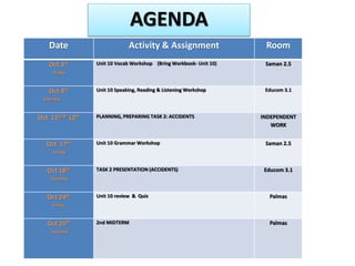 AGENDA 
Date Activity & Assignment Room 
Oct 3rd 
Friday 
Unit 10 Vocab Workshop (Bring Workbook- Unit 10) S a m a n 2 . 5 
Oct 4th 
Saturday 
Unit 10 Speaking, Reading & Listening Workshop Educom 3.1 
Oct 11th & 12th PLANNING, PREPARING TASK 2: ACCIDENTS INDEPENDENT 
WORK 
Oct 17th 
Friday 
Unit 10 Grammar Workshop Saman 2.5 
Oct 18th 
Saturday 
TASK 2 PRESENTATION (ACCIDENTS) Educom 3.1 
Oct 24th 
Friday 
Unit 10 review & Quiz Palmas 
Oct 25th 
Saturday 
2nd MIDTERM Palmas 
