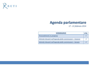 Agenda parlamentare
17 - 21 febbraio 2014

SOMMARIO
Provvedimenti in progress

pag.
1

Attività rilevanti nell’agenda delle commissioni – Camera

3

Attività rilevanti nell’agenda delle commissioni – Senato

4

 