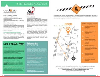 19
Créditos fotografías memoria
Queremos conocer tus opiniones y sugerencias sobre las publicaciones realizadas
por el CDCM, escríbenos a centroculturalmoravia@medellincultura.gov.co,
llámanos al teléfono 516 63 51 o ingresa a nuestra web
www.centroculturalmoravia.org
Continuamos en proceso de mejoramiento de nuestra planta física (adecuación de techos y
mantenimiento de espacios). Ofrecemos disculpas por las molestias ocasionadas en la prestación de
algunos programas y/o servicios durante los próximos meses.
Foro desconectado con
La Derecha.
7 de junio
Muestra de los cursos de
formación CDCM.
21 de junio
Cultura en Escena C-15.
13 de junio
Festival Cultural Infantil.
Lemuria, donde ser malo
es bueno.
1 de junio
Reunión en la casa. La
importancia de los juegos
tradicionales para los líderes
comunitarios.
9 de junio
Festivos por la vida.
Aprender Jugando.
2 de junio
Conversación en 4 Bocas.
Foro Tipo de Liderazgo
10 de junio
1
2
3
4
5
18
Teléfonos: 385 80 26 – 385 80 79
www.culturaemedellin.gov.co
cedezomoravia@culturaemedellin.gov.co
Horarios de atención
Lunes a viernes. 8:00 a.m. a 12:00 m. y 2:00 p.m. a
6:00 p.m.
Sábados. 8:00a.m. a 12.m
Coordinadora: Hanna Jaramillo
Si eres emprendedor o empresario puedes utilizar
totalmente gratuito el servicio de computadores
con acceso a internet, para desarrollar tu plan de
negocios, hacer cotizaciones, revisar tu correo,
contactar clientes, etc.
Trae tu hoja de vida con los soportes de los
estudios realizados e inscríbela en el PIL. Somos el
puente entre tú y la empresa para conseguir
empleo. No ofrecemos empleo, realizamos la
gestión para que puedas conseguirlo.
PUNTO DE INTERMEDIACIÓN LABORAL
ENTIDADES ADSCRITAS
Teléfono: 213 13 09
redmusicamoravia@gmail.com
Perteneciente a la Red de Escuelas de Música de
Medellín ubicadas en distintos barrios y comunas
de la ciudad (13 de vientos y 13 de cuerdas) y con
una cobertura aproximada de 4.621 estudiantes,
quienes se vinculan con el mundo de la música,
enriqueciendo los procesos culturales y artísticos
de la ciudad.
Talleres permanentes en iniciación y lenguaje
musical, Técnica Vocal, Expresión Corporal,
Instrumentos de Vientos (Flauta Traversa, Oboe,
Fagot, Clarinete, Trompeta, Saxofón Alto, Corno
Francés, Trombón, Tuba y Barítono) y percusión.
Procesos de formación y conformación de
agrupaciones como Semillero, Prebanda y Banda
Sinfónica.
inder@inder.gov.co
Proyecto que brinda a los niños y niñas menores
de 10 años espacios tempranos de aprendizaje de
calidad través de la lúdica y el juego.
Inscríbete en nuestros grupos y actividades.
*Cupos limitados.
Horarios: Lunes a Viernes 8:00 a.m a 6:00 p.m
Sábados y Domingos: 10:00 a.m a 3:00 p.m
Martes: Taller manual: 3:30 p.m. a 4:30 p.m.
Miércoles: Juego y crianza: 2:30 p.m. a 3:30 p.m.
Viernes: Taller de la lectura: 3:30 p.m. a 4:30 p.m.
Sábado: Grupo ecológico: 10:00 a.m. a 12:00 m.
Información requerida: Nombre completo,
fecha de nacimiento, número de documento de
identidad, dirección, número de teléfono, EPS.
La atención a instituciones es con previa reserva.
Telecentro Moravia es un lugar de encuentro,
aprendizaje y comunicación donde se incentiva
el uso de las tecnologías de información y
comunicación (TIC), como medios para el
fortalecimiento y la gestión de iniciativas
encaminadas a mejorar las condiciones de vida
de las comunidades.
Cursos de informática con una duración de
40 horas (INSCRIPCIÓN PREVIA)
Horarios de atención
Lunes a viernes de 10:00 a.m. a 7:00 p.m.
Sábados de 12:00 m. a 4:00 p.m.
Nota: cualquier cambio en los horarios por
motivos de capacitación, será informado.
Servicios: Acceso a internet, fotocopias,
impresión, escáner, CD, DVD entre otros.
Informes: 233 76 69
Correo: telecentromoravia@gmail.com
Telecentro
M O R A V I A
6
7
 