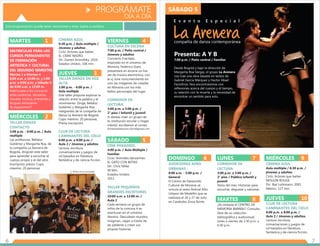 SÁBADO 5PROGRÁMATE
DÍA A DÍA
6 7
Esta programación puede tener variaciones y estar sujeta a cambios.
MARTES 1
MATRICULAS PARA LOS
CURSOS PERMANENTES
DE FORMACIÓN
ARTISTICA Y CULTURAL
DEL SEGUNDO SEMESTRE
Martes 1 a Viernes 4
8:00 a.m. a 12:00 m. y 2:00
p.m. a 6:00 p.m. y Sábado 5
de 8:00 a.m. a 12:00 m.
Matriculate a los cursos en
artes escénicas, danzarias,
visuales, música, artesanías y
lenguas extranjeras.
Te esperamos!!!
MIÉRCOLES 2
TALLER DANZA
CONTACTO
1:00 p.m. - 6:00 p.m. / Aula
múltiple
Las profesoras, Bellaluz
Gutiérrez y Margarita Roa, de
la compañía La Arenera de
Bogotá, dirigirán este taller
para aprender a escuchar el
cuerpo propio y el del otro.
Inscripción previa. Cupo
máximo: 20 personas
VIERNES 4
SÁBADO 5
CULTURA EN ESCENA
CORREDOR DE
LECTURA
CINE PARADISO.
TALLER PEQUEÑOS
GRANDES ESCRITORES
7:00 p.m. / Patio central /
Jóvenes y adultos
Concierto Fractales.
Inspirado en el universo de
Moravia, Federico Goes
presentará en escena un live
set de música electrónica, con
la vj June Juno,mezclando en
vivo las imágenes de creadas
en Moravia con los más
bellos personajes del lugar.
3:00 p.m. a 5:00 p.m. /
2° piso / Infantil y juvenil
Si deseas traer un grupo de
tu institución escolar u hogar
infantil, escríbenos al correo
fomentoalalectura.cdcm@gmail.com
4:00 p.m. / Aula Múltiple /
Familiar
Ciclo: Animales danzarines
EL GATO CON BOTAS
Dir: Chris Miller.
90 Min.
Estados Unidos.
2011
10:00 a.m. a 12:00 m. /
Aula 2
Cada semana un grupo de
niños de la comuna 4 se
aventuran en el universo
literario. Descubren mundos,
imaginan, viajan a través de
las palabras y crean sus
propias historias.
DOMINGO 6
AUDICIONES AFRO
URBANAS
8:00 a.m. - 5:00 p.m. /
General
El Centro de Desarrollo
Cultural de Moravia se
vincula al sexto festival Afro
Urbano de Medellín que se
realizará el 26 y 27 de Julio
en Carabobo Zona Norte.
LUNES 7
MARTES 8
CORREDOR DE
LECTURA
3:00 p.m. a 5:00 p.m. /
2° piso / Público infantil y
juvenil
Tema del mes: Historias para
escuchar, degustar y saborear.
¿Ya visitaste el CENTRO DE
MEMORIA BARRIAL? Consulta
libre de su colección
bibliográfica y audiovisual,
lunes a viernes de 2:30 p.m. a
6:30 p.m.
MIÉRCOLES 9
JUEVES 10
CINEMA AZUL
CLUB DE LECTURA
CAMINANTES DEL CIELO
Aula múltiple / 6:30 p.m. /
jóvenes y adultos
Ciclo. Actores que bailan.
MOULIN ROUGE.
Dir. Baz Luhrmann. 2001.
México. 127 min.
6:00 p.m. a 8:00 p.m. /
Aula 2 / Jóvenes y adultos.
Lectura, escritura,
conversaciones y juegos de
rol basados en literatura
fantástica y de ciencia ficción.
CINEMA AZUL
TALLER DANZA EN VOZ
ALTA
CLUB DE LECTURA
CAMINANTES DEL CIELO
6:30 p.m. / Aula múltiple /
Jóvenes y adultos
Ciclo: Actores que bailan.
EL CISNE NEGRO.
Dir: Darren Aronofsky. 2010.
Estados Unidos. 108 min.
1:00 p.m. - 6:00 p.m. /
Aula múltiple
Este taller propone explorar la
relación entre la palabra y el
movimiento. Dirige, Bellaluz
Gutiérrez y Margarita Roa,
integrantes de la compañía de
danza La Arenera de Bogotá.
Cupo máximo: 20 personas.
Previa inscripción.
6:00 p.m. a 8:00 p.m. /
Aula 2 / Jóvenes y adultos
Lectura, escritura,
conversaciones y juegos de
rol basados en literatura
fantástica y de ciencia ficción.
JUEVES 3
Presenta: A Y B
7:00 p.m. / Patio central / Familiar
Desde Bogotá y bajo la dirección de
Margarita Roa Vargas, el grupo La Arenera
nos trae una obra basada en textos de
Gabriel García Márquez y Hector Abad
Faciolince. Nos encontraremos con
reflexiones acerca del cuerpo y el tiempo,
su relación con la muerte y la necesidad de
encontrar un sentido para esto.
E v e n t o E s p e c i a l
La Areneracompañía de danza contemporánea
Teatro en la oscuridad.
 