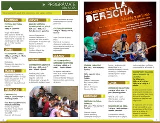 PROGRÁMATE
DÍA A DÍA
6 7
Esta programación puede tener variaciones y estar sujeta a cambios.
DOMINGO 1
LUNES 2
MARTES 3
MIÉRCOLES 4
FESTIVAL CULTURAL
INFANTIL
FESTIVO POR LA VIDA
CINEMA AZUL
3:00 p.m. / Familiar
Grupo: Fractal Teatro.
Obra: "Lemuria, donde ser
malo es bueno" una obra de
teatro infantil para todas las
edades que dará pié sobre
qué es "malo" y qué es
"bueno".
3:00 p.m. a 5:00 p.m. / Patio
Central / familiar
Festivalores.
Para aprender jugando y los
valores ir rescatando.
¿Ya visitaste el CENTRO DE
MEMORIA BARRIAL? Un lugar
para la recuperación de la
memoria histórica y la
información oral, audiovisual
y escrita.
6:30 p.m. / Aula múltiple /
Jóvenes y adultos
Ciclo: Personajes Pintorescos.
SHERLOCK HOLMES.
Director: Guy Ritchie.
País: Reino Unido, Estados
Unidos y Australia.
Año: 2009
Duración: 128 minutos
infantil escríbenos al correo
fomentoalalectura.cdcm@
gmail.com
7:00 p.m. / Patio Central /
General
Video Concierto de Salsa
Brava
Disfruta de los mejores
clásicos de la salsa y de una
tertulia abierta acerca de sus
orígenes y principales
exponentes.
10:00 a.m. a 12:00 m. /
Aula 2 / Público infantil
Un espacio para que los
niños de la comuna 4 creen
grandes historias.
Conduce: Marcela Velásquez
Guiral, escritora y promotora
de lectura.
CULTURA EN ESCENA
TALLER PEQUEÑOS –
GRANDES ESCRITORES
SÁBADO 7
CINEMA PARADISO
FESTIVAL CULTURAL
INFANTIL
4:00 p.m. / Aula múltiple /
Familiar
Ciclo: Jugando Sobre
Ruedas.
TURBO.
Director: David Soren.
País: Estados Unidos.
Año: 2013
Género: Animación.
Duración: 96 min.
3:00 p.m. / Patio Central /
Familiar
Diversión Mágica.
¡Podrás disfrutar y
contemplar la magia, el
DOMINGO 8
humor y las piruetas del
payaso! Este es un
espectáculo alegre, colorido,
dinámico y sorprendente,
donde el público será el
protagonista.
3:00 p.m. a 5:00 p.m. / 2°
piso / Infantil y juvenil
Tema de junio y julio:
Historias para escuchar,
degustar y saborear.
7:00 p.m. / Aula múltiple /
Jóvenes y Adultos
Conversatorio sobre la
importancia de los juegos
LUNES 9
CORREDOR DE LECTURA
REUNIÓN EN LA CASA
tradicionales para los líderes
comunitarios de la Comuna 4.
9 al 15 de junio
9:00 a.m. a 12:00 m. -
2:00 p.m. a 5:00 p.m. /
Infantil
En estas vacaciones nuestra
programación tendrá como
tema principal a Brasil. Ven y
disfruta de las diferentes
experiencias para leer este
mágico país.
Te esperamos entre el lunes
16 y el viernes 20 de junio.
Inscripciones del 9 al 15 de
junio en la oficina de
fomento a la lectura,
2° piso. Cupos limitados.
INSCRIPCIÓN TALLERES
VACACIONALES DE
LECTURA
La Derecha Foro- Desconectado.
Comparte los mejores secretos de la trayectoria musical de esta
banda bogotana y disfruta de algunas de sus canciones en vivo.
FORO-DESCONECTADO:
Sábado 7 de junio
Hora: 7:00 p.m. Lugar: Patio central CDCM. Entrada libre
JUEVES 5
VIERNES 6
CLUB DE LECTURA
CAMINANTES DEL CIELO
CORREDOR DE LECTURA
6:00 p.m. a 8:00 p.m. /
Aula 2 / Jóvenes y adultos
Leemos, imaginamos,
soñamos, caminamos y
viajamos por otros mundos
en compañía de los seres que
habitan las historias
fantásticas y de ciencia
ficción.
Conduce: Miguel Rey,
historiador gráfico.
3:00 p.m. a 5:00 p.m. / 2°
piso / Infantil y juvenil
Tema de junio y julio:
Historias para escuchar,
degustar y saborear.
Si deseas traer un grupo de
tu institución escolar u hogar
 