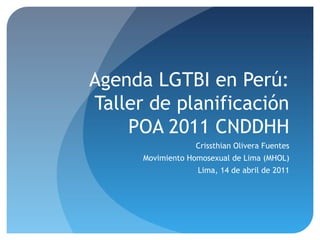 Agenda LGTBI en Perú:
Taller de planificación
POA 2011 CNDDHH
Crissthian Olivera Fuentes
Movimiento Homosexual de Lima (MHOL)
Lima, 14 de abril de 2011

 
