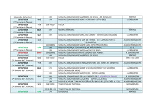 (Ascensão do Senhor) 19H MISSA NA COMUNIDADE SAGRADO C. DE JESUS. – PE. RONALDO MATRIZ
13/05/2013
(7ª Semana da Páscoa)
SEG 17H MISSA NA COMUNIDADE N.SRA. DE FÁTIMA – (SÍTIO EXÚ) LUCRÉCIA/RN
14/05/2013
(7ª Semana da Páscoa)
TER DIA TODO FOLGA
15/05/2013
(7ª Semana da Páscoa)
QUA 19H NOVENA MARIANA MATRIZ
16/05/2013
(7ª Semana da Páscoa)
QUI 19H MISSA DA COMUNIDADE N.SRA. DO CARMO – (SÍTIO VÁRZEA GRANDE) LUCRÉCIA/RN
17/05/2013
(7ª Semana da Páscoa)
SEX MISSA NA COMUNIDADE N. SRA. DE FÁTIMA – (ST. CARAÚBA TORTA)
( I EUCARÍSTIA)
ALMINO AFONSO/RN
18/05/2013
(7ª Semana da Páscoa)
SÁB
16H30MIN MISSA NA COMUNIDADE SANTA LUZIA (SÍTIO TRINCHEIRAS) ALMINO AFONSO/RN
19H MISSA DA ALIANÇA E DO AMOR (CAP. MÃE RAINHA) I.P.É.
19H MISSA NA COMUNIDADE SÃO FRANCISCO DE ASSIS LUCRÉCIA/RN
19/05/2013
(Pentecostes)
DOM 16H30MIN MISSA NA COMUNIADE SANTO ANTÔNIO DOS POBRES R. GODEIRO/RN
19H MISSA NA COMUNIDADE SAGRADO C. DE JESUS. MATRIZ
20/05/2013
(7ª Semana do T. Comum).
SEG DIA TODO FOLGA SANT. DO LIMA
21/05/2013
(7ª Semana do T. Comum).
TER 19H MISSA NA COMUNIDADE DE NOSSA SENHORA DAS DORES (ST. DESERTO) ALMINO AFONSO/RN
22/05/2013
(7ª Semana do T. Comum).
QUA 17H MISSA NA COMUNIDADE NOSSA SENHORA DO PERPÉTUO SOCORRO
(SÍTIO CACIMBA DE VACA)
LUCRÉCIA/RN
19H MISSA NA COMUNIDADE SÃO PEDERO - (SÍTIO CABORÉ) LUCRÉCIA/RN
23/05/2013
(7ª Semana do T. Comum).
QUI 10H MISSA DE 1º ANIVESÁRIO DE FALECIMENTO DE († ADELAÍDE DE PAIVA) R. GODEIRO/RN
17H MISSA NA COMUNIDADE CAJAZEIRAS – (SÍTIO CAJAZEIRAS) ALMINO AFONSO/RN
19H MISSA E NOVENA COMUNIDADE SÃO JOÃO BATISTA – (SÍTIO TRÊS ALTOS) ALMINO AFONSO/RN
24/05/2013
(7ª Semana do T. Comum).
SEX DIA TODO TRIMESTRAL DE PASTORAL MOSSORÓ/RN
25/05/2013 SÁB
DE 08 ÁS 12H TRIMESTRAL DE PASTORAL MOSSORÓ/RN
17H BATIZADOS MATRIZ
 