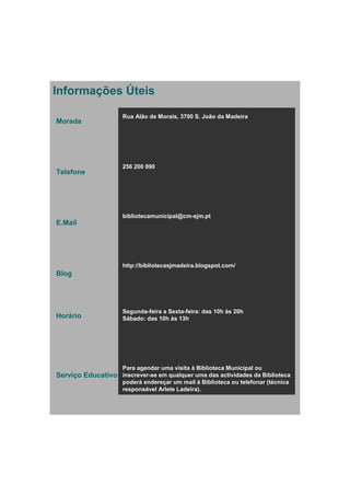 Informações Úteis

                     Rua Alão de Morais, 3700 S. João da Madeira
Morada




                     256 200 890
Telefone




                     bibliotecamunicipal@cm-sjm.pt
E.Mail




                     http://bibliotecasjmadeira.blogspot.com/
Blog




                     Segunda-feira a Sexta-feira: das 10h às 20h
Horário              Sábado: das 10h às 13h




                     Para agendar uma visita à Biblioteca Municipal ou
Serviço Educativo inscrever-se em qualquer uma das actividades da Biblioteca
                     poderá endereçar um mail à Biblioteca ou telefonar (técnica
                     responsável Arlete Ladeira).
 