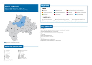 54
8
2
14
16
7
11
10
1
6
17
15
13
12
3
9
1. Anhembi
2. Arandu
3. Areiópolis
4. Avaré
5. Bofete
6. Conchas
7. Itatinga
8. Jumirim
9. Laranjal Paulista
Escritório Regional Botucatu
MUNICÍPIOS ATENDIDOS
10. Paranapanema
11. Pardinho
12. Pereiras
13. Porangaba
14. Pratânia
15. Quadra
16. São Manuel
17. Torre de Pedra
Nesta edição
LEGENDAS
TEMAS:
Eventos	 Administração	 Associativismo e Cooperativismo
Comércio Exterior	 Empreendedorismo	 Finanças	 Gestão de Pessoas
Inovação	 Legislação	 Marketing	 Planejamento
Público-alvo:
PE Potencial Empresário	 MEI Microempreendedor Individual	 EPP Empresa de Pequeno Porte
ME Microempresa	 PF Pessoa Física	 PR Produtor Rural	 PJ Pessoa Jurídica
Palestras:
Como ganhar mais perdendo menos (Prevenção de Perdas):
Vestuário e Material para Construção
Como se tornar microempreendedor individual
Oficinas:
Invista no planejamento
SEI Controlar meu dinheiro
Cursos:
Na Medida: gestão financeira
Na Medida: Gestão Estratégica de Vendas
Sebrae-SP Botucatu
Rua Dr. Costa Leite, 1.570 - Centro - SP
(14) 3815-9020 | erbotucatu@sebraesp.com.br
 