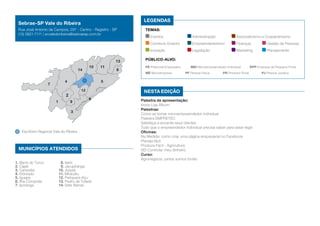 1. Barra do Turvo
2. Cajati
3. Cananéia
4. Eldorado
5. Iguape
6. Ilha Comprida
7. Iporanga
3
5
6
4
8
9
10
12
11
13
14
7
2
1
Escritório Regional Vale do Ribeira
MUNICÍPIOS ATENDIDOS
8. Itariri
9. Jacupiranga
10. Juquiá
11. Miracatu
12. Pariquera-Açu
13. Pedro de Toledo
14. Sete Barras
Nesta edição
LEGENDAS
TEMAS:
Eventos	 Administração	 Associativismo e Cooperativismo
Comércio Exterior	 Empreendedorismo	 Finanças	 Gestão de Pessoas
Inovação	 Legislação	 Marketing	 Planejamento
Público-alvo:
PE Potencial Empresário	 MEI Microempreendedor Individual	 EPP Empresa de Pequeno Porte
ME Microempresa	 PF Pessoa Física	 PR Produtor Rural	 PJ Pessoa Jurídica
Sebrae-SP Vale do Ribeira
Rua José Antonio de Campos, 297 - Centro - Registro - SP
(13) 3821-7111 | ervaledoribeira@sebraesp.com.br
Palestra de apresentação:
Inova Loja Álbum
Palestras:
Como se tornar microempreendedor individual
Palestra EMPRETEC
Satisfaça e encante seus clientes
Tudo que o empreendedor individual precisa saber para estar legal
Oficinas:
Na Medida: como criar uma página empresarial no Facebook
Planeja fácil
Produza Fácil - Agricultura
SEI Controlar meu dinheiro
Curso:
Agronegócio: juntos somos fortes
 