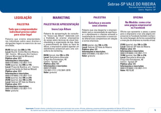 5
Importante: Prezado cliente, a tolerância de atraso para participar nos cursos, oficinas, palestras e eventos similares agendados do Sebrae-SP é de 15 minutos.
Ao realizar sua inscrição, certifique-se que possa comparecer, pois sua ausência impossibilitará a oportunidade de participação de outro cliente.
Sebrae-SP VALE DO RIBEIRA
Rua José Antonio de Campos, 297
Centro - Registro - SP
MARKETING
Palestra de apresentação
Inova Loja Álbum
Palestra de apresentação da consulto-
ria “Inova Loja Álbum” elaborada com
a finalidade de orientar empresários
do varejo sobre técnicas de visual mer-
chandising e organização de loja. Após
o preenchimento de todos os itens do
álbum, o empresário poderá agendar um
atendimento presencial para uma con-
sultoria de marketing.
09/06 (terça), das 19h às 21h
Local: Danceteria Alvorada
Praça dos Estudantes, 48
Centro - Iguape - SP
Público-alvo: ME
Informações e inscrições:
0800 570 0800
(13) 3821-7111 | (13) 3841-2878
Valor: gratuita
PALESTRA
Satisfaça e encante
seus clientes
Palestra que visa despertar o empreen-
dedor para a necessidade de aperfeiço-
ar o atendimento a clientes evitando a
insatisfação do consumidor e construin-
do diferenciais competitivos em relação
a outras empresas.
29/06 (sexta), das 19h às 21h
Local: Sebrae-SP Vale do Ribeira
Público-alvo: ME
Informações e inscrições:
0800 570 0800 | (13) 3821-7111
Valor: gratuita
OFICINA
Na Medida: como criar
uma página empresarial
no Facebook
Oficina que apresenta o passo a passo
para o empresário criar uma página em-
presarial no Facebook (também conheci-
da como fanpage), de forma a possibilitar
a inserção da empresa no mundo virtual.
27/05 (quarta), das 19h às 22h
Local: Sebrae-SP Vale do Ribeira
Público-alvo: ME
Informações e inscrições:
0800 570 0800 | (13) 3821-7111
11/06 (quinta), das 19h às 21h
Local: Danceteria Alvorada
Praça dos Estudantes, 48
Centro - Iguape SP
Público-alvo: ME
Informações e inscrições:
0800 570 0800 | (13) 3821-7111
Valor: R$ 70,00
LEGISLAÇÃO
PALESTRA
Tudo que o empreendedor
individual precisa saber
para estar legal
Palestra que orienta empreendedo-
res individuais sobre seus direitos e
obrigações legais no exercício de sua
atividade.
05/05 (terça), das 09h às 11h
Local: Rua Dr. Emílio Martins Ribeiro,
160 - Centro - Miracatu (Em frente à
Câmara Municipal de Miracatu)
Público-alvo: MEI
Informações e inscrições:
0800 570 0800 | (13) 3821-7111
13/05 (quarta), das 09h às 11h
Local: Praça da Basilica, s/n - Centro
Iguapé (na tenda do Sebrae Móvel)
Público-alvo: MEI
Informações e inscrições:
0800 570 0800 | (13) 3821-7111
10/06 (quarta), das 19h às 21h
24/06 (quarta), das 19h às 21h
Local: Sebrae-SP Vale do Ribeira
Público-alvo: MEI
Informações e inscrições:
0800 570 0800 | (13) 3821-7111
Valor: gratuita
 
