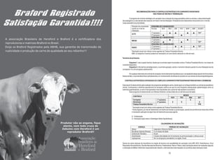 RECOMENDAÇÕES PARA O CONTROLE ESTRATÉGICO DO CARRAPATO EM BOVINOS
                                         NAS FASES DE RECRIA E TERMINAÇÃO

             O programa de controle estratégico do carrapato visa à redução da carga parasitária sobre os animais, a descontaminação
    das pastagens e a manutenção das mesmas com baixo nível de infestação. A freqüência dos tratamentos é de acordo com o nível da
    carga parasitária da propriedade.




                 *Vacinação anual com reforço contra agentes da Tristeza Parasitária Bovina
                 OBS: no esquema 3 banhos poderá ser necessário um outro banho adicional no mês de maio

    Terneiros da primavera

             Esquema 1: seis a quatro banhos, desde que os animais sejam imunizados contra a Tristeza Parasitária Bovina, nos meses de
    novembro/dezembro.
             Esquema 2: três banhos estratégicos/ano, na primeira geração, sendo o momento indicado quando há uma infestação leve de
    carrapatos (10 a 30 carrapatos adultos/anim)

             Em qualquer alternativa de controle de carrapato é de fundamental importância que o carrapaticida esteja atuando de forma eficaz.
    Nesse sentido, é recomendável fazer periodicamente um monitoramento da eficácia do produto em uso através do biocarrapaticidograma.

       CONTROLE ESTRATÉGICO INTEGRADO DO COMPLEXO CARRAPATO/TRISTEZA/PARASITÁRIA BOVINA E VERMINOSE

    Este estudo foi desenvolvido após avaliação dos programas estratégicos acima, dando agora um enfoque também ao controle do parasitismo
    animal. Conhecendo a dinâmica populacional do carrapato verificou-se que há uma freqüente sobreposição epidemiológica entre os
    helmintos gastrintestinais, os ecto e hemoparasitos mais importantes sob o ponto de vista sanitário e econômico.
              Esse programa foi desenvolvido com fêmeas Hereford, na faixa etária de um até dois anos de idade.




                  * Vacinação anual com reforço contra agentes da Tristeza Parasitária Bovina
                  * Esse programa, por não ter tratamentos com banho de imersão ou pulverização, quando da ocorrência de mosca-dos-chifres
                  é necessário aplicação de algum tipo de tratamento para esse agente.

                  E – Endectocida
                  A – Avançado (ação sobre a Ostertágia inibida (hipobióticas)).

                                                              CALENDÁRIO DE VACINAÇÕES




    Quanto às outras doenças de importância na criação de bovinos com possibilidade de vacinação como IBR, BVD, Parainfluenza, Vírus
    Respiratório Sincicial Bovino, Diarréia Neonatal dos Bezerros, Pastereullose, Raiva e Tétano, estas vacinações devem ser realizadas segundo
    a orientação do Médico Veterinário responsável pelo rebanho, onde este deve estar baseado na ocorrência da(s) doença(s) neste.

4                                                                         73
 
