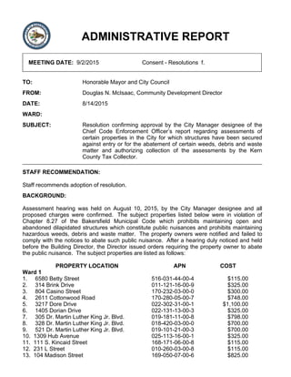 ADMINISTRATIVE REPORT
MEETING DATE: 9/2/2015 Consent - Resolutions f.
TO: Honorable Mayor and City Council
FROM: Douglas N. McIsaac, Community Development Director
DATE: 8/14/2015
WARD:
SUBJECT: Resolution confirming approval by the City Manager designee of the
Chief Code Enforcement Officer’s report regarding assessments of
certain properties in the City for which structures have been secured
against entry or for the abatement of certain weeds, debris and waste
matter and authorizing collection of the assessments by the Kern
County Tax Collector.
STAFF RECOMMENDATION:
Staff recommends adoption of resolution.
BACKGROUND:
Assessment hearing was held on August 10, 2015, by the City Manager designee and all
proposed charges were confirmed. The subject properties listed below were in violation of
Chapter 8.27 of the Bakersfield Municipal Code which prohibits maintaining open and
abandoned dilapidated structures which constitute public nuisances and prohibits maintaining
hazardous weeds, debris and waste matter. The property owners were notified and failed to
comply with the notices to abate such public nuisance. After a hearing duly noticed and held
before the Building Director, the Director issued orders requiring the property owner to abate
the public nuisance. The subject properties are listed as follows:
PROPERTY LOCATION APN COST
Ward 1
1. 6580 Betty Street 516-031-44-00-4 $115.00
2. 314 Brink Drive 011-121-16-00-9 $325.00
3. 804 Casino Street 170-232-03-00-0 $300.00
4. 2611 Cottonwood Road 170-280-05-00-7 $748.00
5. 3217 Dore Drive 022-302-31-00-1 $1,100.00
6. 1405 Dorian Drive 022-131-13-00-3 $325.00
7. 305 Dr. Martin Luther King Jr. Blvd. 019-181-11-00-8 $798.00
8. 328 Dr. Martin Luther King Jr. Blvd. 018-420-03-00-0 $700.00
9. 521 Dr. Martin Luther King Jr. Blvd. 019-101-21-00-3 $700.00
10. 1309 Hub Avenue 025-113-16-00-1 $325.00
11. 111 S. Kincaid Street 168-171-06-00-8 $115.00
12. 231 L Street 010-260-03-00-8 $115.00
13. 104 Madison Street 169-050-07-00-6 $825.00
 