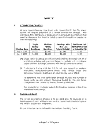-- Page 3 of 3 Pages --
EXHIBIT “A”
I. CONNECTION CHARGES
All new connections or new fixture units connected to the City sewer
system will require payment of a sewer connection charge. Any
individual, firm, company or corporation making such connection shall
pay the charge at the time the building permit is issued in accordance
with the following:
Effective Date
Single
Family
Dwellings
Multiple
Family
Dwellings
Dwellings with
14 or Less
Fixture Units (A)
Per Fixture Unit
for Commercial
or Industrial (B)
July 1, 2014 $4,000 $2,880 $2,545 $182
July 1, 2015 $4,000 $2,880 $2,545 $182
(A) Single family dwellings or units in multiple family dwellings with 14 or
less fixture units (including shared fixtures in multiple unit complexes)
as per Uniform Building Code and with two (2) bedrooms or less.
(B) Equivalency factor shall be 1.0 for all uses excepting markets,
mortuaries, restaurants/coffee shops, food service shops and
bakeries which uses shall have an equivalency factor of 2.0.
To determine the total connection charge, multiply the number of
fixture units (as per Uniform Plumbing Code) by the per fixture
charge and that answer by the equivalency multiplier.
The equivalency multiplier adjusts for loadings greater or less than
the residential loadings.
II. TIMING AND BASIS
The sewer connection charge is to be paid prior to issuance of a
building permit, and will be based on the current adopted charges at
the time of issuance of the permit.
Fixture Units shall be as defined in the Uniform Plumbing Code.
 