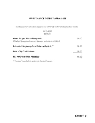 Said assessment is made in accordance with the benefit formula attached hereto.
2015-2016
BUDGET
Gross Budget Amount Required $0.00
(City Staff Services or Contract, Supplies, Materials and Utilities)
Estimated Beginning Fund Balance(Deficit) ** $0.00
Less: City Contributions $0.00
NET AMOUNT TO BE ASSESSED $0.00
** Previous Years Deficits No Longer Carried Forward.
MAINTENANCE DISTRICT AREA 4-138
EXHIBIT D
 