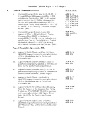 Bakersfield, California, August 12, 2015 – Page 8
8. CONSENT CALENDAR continued
y. Contract Change Order Nos. 33, 35, 40, 41, [43
through 50] and 53 to Agreement No. 13-118
with Granite Construction ($28,196.92; revised
not to exceed $26,217,558.84; change orders
funded with Federal Earmark Funds {88.53%}
and Capital Outlay Utility/Roads Fund {11.47%})
for the SR-178 and Morning Drive Interchange
Project. (TRIP)
z. Contract Change Orders 3, 4, and 5 to
Agreement No. 14-241 with Security Paving
Company ($654,195.00; revised not to
exceed $82,695,516.04; change orders funded
with Federal Earmark Funds {80%} and Capital
Outlay Utility/Road Fund {20%}) for Beltway
Operational Improvements (BOI) Project .(TRIP)
Property Acquisition Agreements - TRIP:
aa. Agreement with Charles and Sue Henriksen
($245,000) to purchase real property located at
4316 La Mirada Drive for the Centennial
Corridor Project.
ab. Agreement with Gloria Cortez ($153,000) to
purchase real property located at 4308 Joseph
Drive for the Centennial Corridor Project.
ac. Agreement with Maureen Sliter ($138,000) to
purchase real property located at 109 Morrison
Street for the Centennial Corridor Project.
ad. Agreement with Cherie Lynn Cadena
($287,000) to purchase real property located at
4212 La Mirada Drive for the Centennial
Corridor Project.
ae. Agreement with Karen Osgood and Gregory
Rice, Co-Trustees of the Maureen Rice Family
Trust dated 2/20/1987 ($1,158,000) to purchase
real property located at 4800 Easton Drive –
Units 108-112 for the Centennial Corridor
Project.
af. Agreement with Roberto and Silvia Villa
($502,000) to purchase real property located at
204 Williamson Way for the Centennial Corridor
Project.
ACTION TAKEN
AGR 13-118
CCO 33, CCO 35,
CCO 40, CCO 41,
CCO 43, CCO 44,
CCO 45, CCO 46,
CCO 47, CCO 48,
CCO 49, CCO 50
CCO 53
AGR 14-241
CCO 3, CCO 4,
CCO 5
AGR 15-196
DEED 8253
AGR 15-197
DEED 8254
AGR 15-198
DEED 8255
AGR 15-199
DEED 8256
AGR 15-200
DEED 8257
AGR 15-201
DEED 8258
 