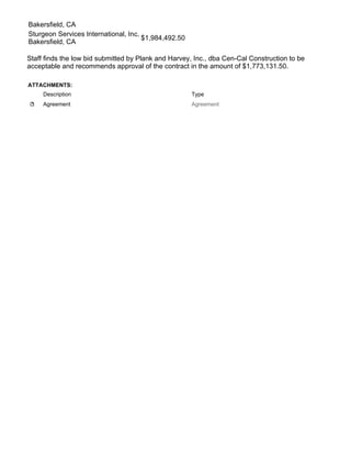 Bakersfield, CA
Sturgeon Services International, Inc.
Bakersfield, CA
$1,984,492.50
Staff finds the low bid submitted by Plank and Harvey, Inc., dba Cen-Cal Construction to be
acceptable and recommends approval of the contract in the amount of $1,773,131.50.
ATTACHMENTS:
Description Type
Agreement Agreement
 