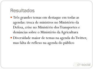Resultados
 Três grandes temas em destaque em todas as
  agendas: troca de ministros no Ministério da
  Defesa, crise no Ministério dos Transportes e
  denúncias sobre o Ministério da Agricultura
 Diversidade maior de temas na agenda do Twitter,
  mas falta de reflexo na agenda do público
 