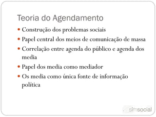Teoria do Agendamento
 Construção dos problemas sociais
 Papel central dos meios de comunicação de massa
 Correlação entre agenda do público e agenda dos
  media
 Papel dos media como mediador
 Os media como única fonte de informação
  política
 