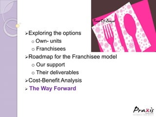 Exploring  the options
   o Own- units
   o Franchisees
Roadmap for the Franchisee model
   o Our support
   o Their deliverables
Cost-Benefit Analysis
 The Way Forward
 