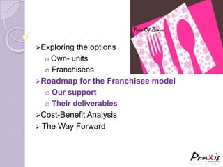 Exploring  the options
   o Own- units
   o Franchisees
Roadmap for the Franchisee model
   o Our support
   o Their deliverables
Cost-Benefit Analysis
 The Way Forward
 