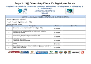 Proyecto tit@ Desarrollo y Educación Digital para Todos
Programa de Formación Docente en Pedagogía Mediada con Tecnologías de la Información y
la Comunicación
MOMENTO 2: ADAPTACIÓN
SESIÓN 3
AGENDA No. 9
(GRUPO No. 58) I.E. JUAN PABLO II y ( GRUPO No. 62) I.E. MARICE SINISTERRA
Momento 2: Adaptación. Sesión No. 3
Tema 1: Portafolio Digital Interactivo (PID)
Duración: 4 horas 30 minutos
Actividad Descripción Tiempo Producto
1
Conocemos qué es un portafolio Interactivo Digital (PID).
15 minutos
2
Reconocemos las ventajas del PID, en los procesos educativos y
competencias siglo XXI. 15 minutos
3
Socialicemos ¿Por qué el Blog se convierte en PID?
20 minutos
4
Actividad de aprendizaje.
Creación de un Blog con Blogger 75 minutos
5
Receso
20 minutos
6
Cada ME debe organizar el PID en la plataforma @prender, teniendo en
cuenta lo visto en clases. 50 minutos
 