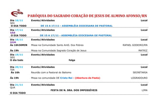 PARÓQUIA DO SAGRADO CORAÇÃO DE JESUS DE ALMINO AFONSO/RN
Dia 16/11      Evento/Atividades                                                     Local
SEX
 O DIA TODO           DE 15 A 17/11 - ASSEMBLÉIA DIOCESANA DE PASTORAL
Dia 17/11      Evento/Atividades                                                     Local
SÁB
O DIA TODO            DE 15 A 17/11 - ASSEMBLÉIA DIOCESANA DE PASTORAL
Dia 18/11      Evento/Atividades                                                     Local
DOM
Ás 16h30MIN    Missa na Comunidade Santo Antô. Dos Pobres                RAFAEL GODEIRO/RN

Ás 19h         Missa na Comunidade Sagrado Coração de Jesus                        MATRIZ
Dia 19/11      Evento/Atividades                                                     Local
SEG
O dia todo                                   folga


Dia 20/11      Evento/Atividades                                                     Local
TER
 Ás 16h        Reunião com a Pastoral do Batismo                                SECRETARIA

Ás 19h         Missa na comunidade DE Cristo Rei - (Abertura da Festa)        LOGRADOURO


Dia 21/11      Evento/Atividades                                                     Local
QUA
                               FESTA DE N. SRA. DOS IMPOSSÍVEIS                       LIMA
O DIA TODO
 