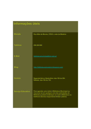 Rua Alão de Morais, 3700 S. João da Madeira
Informações úteis
Morada
256 200 890Telefone
bibliotecamunicipal@cm-sjm.ptE.Mail
http://bibliotecasjmadeira.blogspot.com/
Segunda-feira a Sexta-feira: das 10h às 20h
Blog
Horário g
Sábado: das 10h às 13h
Para agendar uma visita à Biblioteca Municipal ou
inscrever-se em qualquer uma das actividades da
Serviço Educativo
inscrever se em qualquer uma das actividades da
Biblioteca poderá endereçar um mail à Biblioteca ou
telefonar (técnica responsável Arlete Ladeira)
 