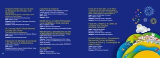 40

V EDICIÓN DEL EVENTO CUENCA
ELECTRÓNIC MUSIC FESTIVAL

Lugar: Puente Roto
Hora: 13H00 a 24h00
Organiza: La Antesala
Auspicia: Alcaldía de Cuenca, Comité Permanente de
Festejos

FESTIVAL DE LA CANCIÓN NACIONAL
Lugar: Plaza Cívica
Hora: 14h00 a 20h00
Organiza: Programa ‘Así Canta Cuenca’ de Radio
Sonoonda
Auspicia: Alcaldía de Cuenca, Comité Permanente de
Festejos

CEREMONIA EUCARÍSTICA

Lugar: Cementerio Patrimonial
Hora: 15h00
Organiza: Alcaldía de Cuenca, EMUCE EP

III CARRERA DE MESEROS 2 K

Lugar: Parque San Blas, Bolívar, Padre Aguirre hasta la
Plazoleta de Santo Domingo
Hora: 15h00
Organiza: EBS Gestores Culturales

41

III TORNEO DE TENDIDO DE CAMAS
Lugar: Plaza de Santo Domingo
Hora: 16H00
Organiza: EBS Gestores Culturales

VARIETÉ DE TEATRO

ACTORES URUGUAYOS, ARGENTINOS Y VENEZOLANOS
Lugar: Teatro Sucre (entrada libre)
Hora: 20h00
Organiza: Escuela Valores Divinos (desarrollo integral
del SER)

NOCHE CUENCANA: TRIBUTO A LOS
MARIACHIS
Lugar: Parque Central de la Ciudadela Tomebamba
Hora: 20h00
Organiza: Alcaldía de Cuenca, Comité Permanente de
Festejos y ETAPA EP

NOCHE CUENCANA: TRIBUTO A LA
MÚSICA DEL RECUERDO

Lugar: Parque Iberia
Hora: 20h00
Organiza: Alcaldía de Cuenca, Comité Permanente de
Festejos y ETAPA EP

NOCHE CUENCANA: TRIBUTO A LA
SALSA

Lugar: Parque Curiquingue
Hora: 20h00
Organiza: Alcaldía de Cuenca, Comité Permanente de
Festejos y ETAPA EP

TRADICIONAL NOCHE CUENCANA

Lugar: Ciudadela Calderón
Hora: 20h00
Organiza: Alcaldía de Cuenca, Comité Permanente de
Festejos y ETAPA EP

NOCHE CUENCANA: TRIBUTO A LA
CUMBIA Y EL MERENGUE

Lugar: Parque Central de la Ciudadela Álvarez
Hora: 20h00
Organiza: Alcaldía de Cuenca, Comité
Permanente de Festejos y ETAPA EP

NOCHE CUENCANA: FESTIVAL
DE LA TECNOCHICHA

Lugar: Ciudadela Las Orquídeas
Hora: 20h00
Organiza: Alcaldía de Cuenca, Comité Permanente de
Festejos y ETAPA EP

 
