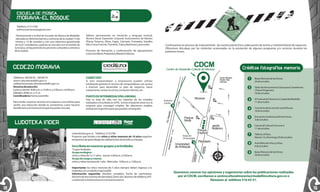 ESCUELA DE MÚSICA

MORAVIA-EL BOSQUE
Teléfono: 213 13 09
redmusicamoravia@gmail.com
Perteneciente a la Red de Escuelas de Música de Medellín
ubicadas en distintos barrios y comunas de la ciudad (13 de
vientos y 13 de cuerdas) y con una cobertura aproximada
de 4.621 estudiantes, quienes se vinculan con el mundo de
la música, enriqueciendo los procesos culturales y artísticos
de la ciudad.

Talleres permanentes en iniciación y lenguaje musical,
Técnica Vocal, Expresión Corporal, Instrumentos de Vientos
(Flauta Traversa, Oboe, Fagot, Clarinete, Trompeta, Saxofón
Alto, Corno Francés, Trombón, Tuba y Barítono) y percusión.
Procesos de formación y conformación de agrupaciones
como Semillero, Prebanda y Banda Sinfónica.

CEDEZO MORAVIA

Continuamos en proceso de mejoramiento de nuestra planta física (adecuación de techos y mantenimiento de espacios).
Ofrecemos disculpas por las molestias ocasionadas en la prestación de algunos programas y/o servicios durante los
próximos meses.

Créditos fotografías memoria

Teléfonos: 385 80 26 – 385 80 79
www.culturaemedellin.gov.co
cedezomoravia@culturaemedellin.gov.co
Horarios de atención
Lunes a viernes. 8:00 a.m. a 12:00 m. y 2:00 p.m. a 6:00 p.m.
Sábados. 8:00a.m. a 12.m
Coordinadora: Hanna Jaramillo

Si eres emprendedor o empresario puedes utilizar
totalmente gratuito el servicio de computadores con acceso
a internet, para desarrollar tu plan de negocios, hacer
cotizaciones, revisar tu correo, contactar clientes, etc.

Para recibir nuestros servicios te invitamos a inscribirte para
recibir una inducción donde te contaremos como hacerte
beneficiario y la manera en la que te puedes vincular.

Trae tu hoja de vida con los soportes de los estudios
realizados e inscríbela en el PIL. Somos el puente entre tú y la
empresa para conseguir empleo. No ofrecemos empleo,
realizamos la gestión para que puedas conseguirlo.

CONÉCTATE

Bazar Moravia de las Etnias.
26 de octubre.

2

Taller de Herramientas Clave para Camaleones
(Trànsit Projectes).
18 de octubre.

3

IV Festival de Flamenco Ciudad de Medellín.
11 de octubre.

4

Concierto de la canción social Ducas.
18 de octubre.

5

Encuentro Audiovisual Entre Focos.
3 de octubre.

6

Carnaval Cultural Comuna 4.
11 de octubre.

7

Talleres al Patio.
Martes 15 a Domingo 20 de octubre.

8

Asamblea de niños y niñas.
6 de octubre.

9

Bazar Moravia de las Etnias.
26 de octubre.

PUNTO DE INTERMEDIACIÓN LABORAL

LUDOTEKA INDER
inder@inder.gov.co Teléfono: 2132768
Proyecto que brinda a los niños y niñas menores de 10 años espacios
tempranos de aprendizaje de calidad través de la lúdica y el juego.

Inscríbete en nuestros grupos y actividades
*Cupos limitados
Grupo ecológico:
niños y niñas de 7 a 11 años. Jueves. 4.00 p.m. a 5:00 p.m.
Grupo de Juego y crianza:
niños y niñas menores de 1 año. Miércoles. 4:00 p.m. a 5:00 p.m.
Importante: los niños menores de 5 años siempre deben ingresar a la
ludoteka con un adulto responsable
Información requerida: Nombre completo, Fecha de nacimiento,
Número de documento de identidad, Dirección, Número de teléfono, EPS
La atención a instituciones es con previa reserva

18

1

Queremos conocer tus opiniones y sugerencias sobre las publicaciones realizadas
por el CDCM, escríbenos a centroculturalmoravia@medellincultura.gov.co o
llámanos al teléfono 516 63 51.

19

 