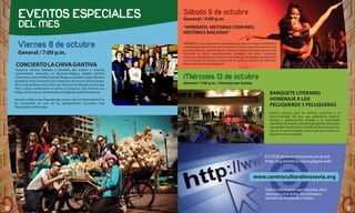 EVENTOS ESPECIALES
DEL MES
Viernes 8 de octubre
General / 7:00 p.m.

CONCIERTO LA CHIVA GANTIVA
Proyecto musical liderado y fundado por artistas y músicos
colombianos radicados en Bruselas-Bélgica: Natalia Gantiva
(Tambora y Coros) Rafael Espinel (Alegre y voz lider), Felipe Deckers
(Guitarra). Todo comenzó con la intensión de evocar la tierra lejana,
de la cual partieron años atrás con el deseo de estudiar en Europa.
Poco a poco comenzaron a unirse al proyecto más músicos (un
belga, un francés, un vietnamita y un belga de la parte flamenca).
Gracias a todos estos ingredientes, hoy en día “La Chiva Gantiva” se
ha convertido en una de las agrupaciones musicales más
importantes de Bruselas.

Sábado 9 de octubre
General / 4:00 p.m.
“ARREBATO, HISTORIAS COMUNES,
HISTORIAS BAILADAS”
ARREBATO es un experimento arriesgado que pone en relación tradición y
contemporaneidad a través de una puesta en escena que toma elementos de
las artes plásticas, el performance, el teatro y la danza. El espectáculo reúne
bailarines de danza contemporánea, bailadores de danza tradicional,
músicos y cantadoras que realizan un recorrido por los paisajes, las anécdotas
y los recuerdos de infancia, convocando la memoria colectiva de diferentes
épocas, danzas, músicas y lugares.

Miércoles 13 de octubre
General / 7:00 p.m. / Entrada con boleta

BANQUETE LITERARIO
HOMENAJE A LOS
PELUQUEROS Y PELUQUERAS
Evento cultural para el disfrute colectivo y el
reconocimiento del otro, una experiencia estéticoliteraria y gastronómica, dirigida a la comunidad
específica de mujeres y hombre peluqueros de la zona
que ayudan a la escucha y cuidado de las personas, a las
que se les quiere resaltar y reconocer por su labor en
beneficio a la comunidad.

El CDCM ahora lo encuentras en la red:
Visita muy pronto la nueva página web:

www.centroculturalmoravia.org
Toda la información que necesitas, fácil,
oportuna y a la mano. Encuéntranos
también en Facebook y Twitter.

10

11

 