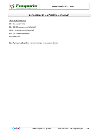 INDAIAL/TIMBÓ – 30/11 a 08/12
www.fesporte.sc.gov.br Resultado do CT e Programação 18
PROGRAMAÇÃO – 02/12/2018 – DOMINGO
FINAIS POR APARELHOS
08h - 9h: Aquecimento
08h – 08h30: Aquecimento Salto GAM
08h30 - 9h: Aquecimento Salto GAF
9h – 12h: Finais por aparelho
12h: Premiação
Obs.: A programação poderá ocorrer mudanças no congresso técnico.
 