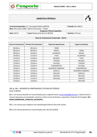 INDAIAL/TIMBÓ – 30/11 a 08/12
www.fesporte.sc.gov.br Resultado do CT e Programação 19
GINÁSTICA RÍTMICA
Local de Competição: G.E. Associação Atlética METISA Período: 06 a 08/12
Rua: Fritz Lorenz, 2840 – Bairro Fritz Lorenz – Timbó
Congresso Técnico Específico
Data: 05/12 Local: Restaurante de A.A. METISA Horário: 19 horas
Data do Treinamento Escalonado – 05/12
Início de treinamento Término de treinamento Tapete de Aquecimento Tapete com Musica
08h30min 09h10min TIMBÓ -
09h10min 09h50min INDAIAL TIMBÓ
09h50min 10h30min BLUMENAU INDAIAL
10h30min 11h10min ITAJAÍ BLUMENAU
11h10min 11h50min BRUSQUE ITAJAÍ
11h50min 12h30min ITAPEMA BRUSQUE
12h30min 13h10min PALHOÇA ITAPEMA
13h10min 13h50min FLORIANÓPOLIS PALHOÇA
13h50min 14h30min BALNEÁRIO CAMBORIÚ FLORIANÓPOLIS
14h30min 15h10min JOINVILLE BALNEÁRIO CAMBORIÚ
15h10min 15h50min SÃO JOSÉ JOINVILLE
15h50min 16h30min CHAPECÓ SÃO JOSÉ
16h30min 17h10min CRICIUMA CHAPECÓ
17h10min 17h50min - CRICIUMA
16h às 18h – REUNIÃO DE ARBITRAGEM E ESTUDO DO CÓDIGO
Local: A definir
Obs 1: As músicas deverão ser encaminhadas para o seguinte email: musicas.fgsc@gmail.com, e deverá conter o
número da ginasta na competição, primeiro e ultimo nome da Ginasta, o aparelho e Clube de forma legível. (Ex.:
NOME.SOBRENOME_APARELHO_MUNICÍPIO.
Obs 2.: As músicas que chegarem com identificação faltante não serão aceitas.
OBs.3: As músicas deverão ser encaminhadas até o dia 01/12/2018.
 
