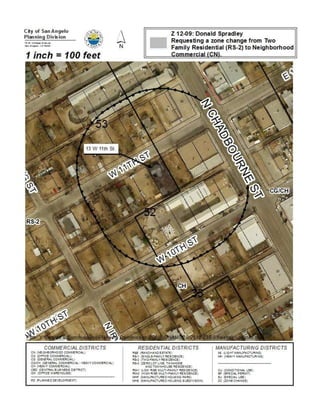 Thoroughfares/Streets:    W 11th Street is defined as a “local street,”
                          which carries light neighborhood traffic at
                          lower speeds and generally connects to
                          collector streets.

                          North Chadbourne Street is defined as an
                          arterial street, which is designed to
                          connect collector streets to freeways and
                          carries large volumes of traffic at high
                          speeds. Access is secondary and mobility
                          is the prime function of these streets.

Zoning History:           As far back as 1964, the property was
                          zoned Two-Family Residential (R-2), an
                          equivalent to the current zoning.

Applicable Regulations:   Refer to off-street parking standards, per
                          Section 511.

Development Standards:    General Commercial (CG) requires a 25
                          feet front setback for commercial
                          structures. No side or rear setback are
                          required in commercial districts unless the
                          lot abuts a residential district or use, where
                          a minimum of 10 feet is required, per
                          Section 502.

                          The maximum floor area or gross floor
                          area of all buildings on the lot divided by
                          the total area of the lot in an area zoned
                          CG is 2, twice the area of the lot, per
                          Section 502.

Vision Plan Map:          Commercial

Related Comp Plan
Excerpts:                 “Promote better transition between
                          nearby commercial and residential use of
                          land and buildings.”

                          Require a buffer separating commercial,
                          industrial, or agricultural zoned lands from
                          neighborhoods.

                          “Establish transition      areas    between
                          commercial      areas       and      nearby
                          neighborhoods.”

                          Create new physical connections to
                          neighborhoods lined with transitional and
                          intermediate uses.
 