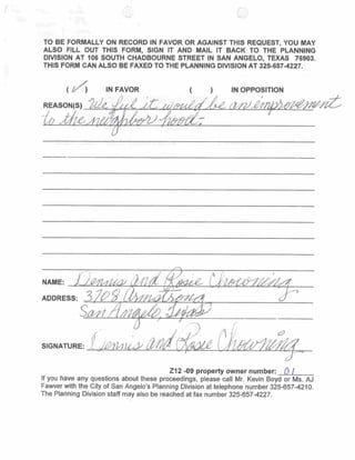 It is located in an area in which infill development is desired and needed, in order
to reverse the aging decline of this corridor and associated blight that can occur.
This causes problems for potential tenants, who are required to provide the
mandatory amount of off-street parking in order to open a business. While there
are opportunities for shared parking arrangements along this corridor, they exist
either outside of the required 400’ distance, or are along the opposite side of
Chadbourne. The traffic is also heavy along North Chadbourne, being an arterial
street, that it would not be a safe situation to encourage pedestrian crossing
where there is not a designated traffic mechanism or crosswalk. For these
reasons, having a designated parking area immediately adjacent to the business
is the best solution.

Regarding parking: in order to receive a Certificate of Occupancy for a new
business, an applicant must provide adequate off-street parking, based on the
occupancy category or use, per Section 511. The off-street parking mentioned in
the section represents the minimum parking standards, and given that the
proponent has an upholstery/furniture shop, his business would follow under
furniture store which equates to 1 space per 400 gross square feet, per Section
511.

The Vision Plan calls for the property to be zoned for “Commercial”, consistent
with current developmental patterns and the proponent’s request. Residential
properties along West 11th Street, closest to North Chadbourne, are at a point of
transition and the residential appearance of some of lots is no longer clearly
defined. Current developmental trends, echoed by the Comprehensive Plan,
denote that the residential blocks nearest to North Chadbourne to be dedicated
for commercial use. Staff feels that a zone change to General Commercial (CG)
would be an appropriate zone type as the block transitions. This zoning is not the
most intensive of the commercial zones, yet would allow for some flexibility that
zoning at lower tiers do not provide (refer to examples of allowed uses in
paragraph that describes zoning).

Considering the nature of this request, staff sees the obvious area of concern,
the placement of commercial usage immediately adjacent to residential usage.
This type of configuration can clearly create undesirable consequences on the
residential inhabitants. However, staff would be remiss if it did not also consider
the ill effects of having an opportunity to bolster and create more solid
opportunities for the residential strip along North Chadbourne to once again grow
and flourish. Staff would contend that the Comprehensive Plan also recognized
this opportunity, and that this is why it calls for “commercial” at this and other
similar locations; to create a solidified boundary between neighborhood and
commercial uses, and to provide opportunities to supplement the aging buildings,
making occupancy of them a possibility - augmenting and enhancing the
possibilities for this corridor. As investment continues in the Chadbourne Street
corridor just south of Houston Harte Expressway, and again at the far northern
 