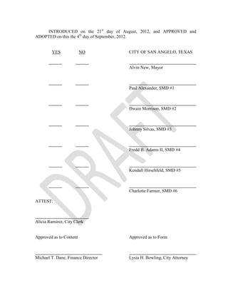 City of San Angelo



Memo
 Meeting Date:        September 18, 2012

 To:                  Mayor and City Council members


 From:                AJ Fawver, Planning Manager

 Subject:             Update on Master Developer

 Contacts:            A J Fawver, Planning Manager                        657-4210

 Caption:             Discussion regarding status of PL-01-12, an RFQ seeking to retain a
                      Master Developer for the purposes of overseeing development
                      within the Downtown Development District




 Summary: At the directive of the Downtown Development Commission, and
 following the requirements of the establishing ordinance for this group, City staff put
 together a RFQ (Request for Qualifications) and worked with the Purchasing
 Director to put this RFQ out to solicit responses from a variety of firms. Now that
 the Downtown Development Commission has interviewed and scored this
 submission/firm, and made a formal recommendation to Council to select Catalyst
 Urban Development as the candidate for this project, staff will be working with the
 DDC to develop a scope of service that can then lead to negotiations with the firm.

 Background: Beginning in early 2011, discussion of the master developer
 concept began among City Council and City management. In October of 2011, an
 ordinance establishing the Downtown Development Commission (DDC) was
 approved.     Following the compilation and approval of a draft downtown
 development plan in December of 2011, the DDC then began discussion of the next
 two duties assigned to them.

 The next task was to develop a scope of service for a downtown master developer;
 following that, the assignment was to solicit proposals for the selection of a master
 