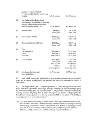 AN ORDINANCE AMENDING APPENDIX A, ENTITLED “FEE
       SCHEDULE,” OF THE CODE OF ORDINANCES OF THE CITY OF SAN
       ANGELO, TEXAS BY ADDING A NEW ARTICLE 15.000
       ESTABLISHING A FEE SCHEDULE OF ADMINISTRATIVE FEES TO
       BE CHARGED BY THE OFFICE OF THE CITY ATTORNEY FOR
       ADMINISTRATIVE EXPENSES AND COSTS INCURRED IN
       ENGAGING IN THE COLLECTION OF MONIES OWED THE CITY OF
       SAN ANGELO, TEXAS, PROVIDING FOR SEVERABILITY; AND
       PROVIDING FOR AN EFFECTIVE DATE

       WHEREAS, pursuant to Article 2.400 of the City Code of Ordinances, the City Attorney
renders legal services on behalf of the City, including pursuing legal remedies to collect monies
owed to the City; and

        WHEREAS, the City Attorney’s Office has determined that certain administrative
expenses and costs directly related to collection activities are required to be assessed and
collected as part of the cost of collecting monies owed to the City; and

      WHEREAS, the City Attorney’s Office has set out a schedule of administrative costs and
expenses related to the collection activities; and

       WHEREAS, City Council determines that it is in the best interest of the City for this
scheduled of fees be adopted; and

       NOW THEREFORE, BE IT ORDAINED BY THE CITY OF SAN ANGELO, TEXAS:

Section 1.         THAT, Appendix A “Fee Schedule” of the Code of Ordinances of the City of San
                   Angelo be amended by adding the following Article 15.000 “Office of the City
                   Attorney Fees” to read as follows:

       “Article 15.000 Office of the City Attorney Fees

       Sec. 15.001       Administrative and Lien Filing and Release Fees:

              The following fees shall be charged and collected for the described services of the
       City Attorney’s Office:

             (a)      Administrative Collection Fee applicable to each collection
                      matter referred to the City Attorney’s Office for collection,
                      due when collection action is taken:                            $100.00

             (b)      Administrative fee for lien filing and release of lien due
                      upon filing of lien:                                            $100.00

             (c)      Duplicate Lien Release Fee due upon delivery of
                      duplicate release:                                              $10.00”
 