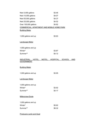 criteria for each stage and the water management measures which shall be enforced
are as follows in subsections (d) to (f).

(c) Public Information. The water utilities director will provide reports to the news
media with information regarding current water supply conditions, projected water
supply and demand conditions if the current drought conditions continue, and consumer
information on water conservation measures and practices. Information describing each
water supply stage trigger point and drought level restrictions on water use shall be
prepared and published on the city’s website.

(d)   Water Supply Stage – Drought Level I.

          (1)   The minimum criteria for this drought stage shall be the following.

               The total amount of water available, as determined by the water
          utilities director, to the city from its developed water sources is less
          than a 24-month supply.

          (2) In addition to the conservation measures stated in Section
          11.202 of this article, the following additional water conservation
          measures shall be in force during Water Supply Stage – Drought Level
          I.

                (A) The use of treated or raw city water for watering lawns,
                gardens, landscape areas, trees, shrubs, golf courses (except
                greens) or other plants being grown outdoors (not in a nursery)
                shall be prohibited at all times provided however a person may do
                such watering which shall be twice every seven days during the
                period of April 1 through October 31 and once every 14 days
                during the period of November 1 through March 31 except during
                the “prohibited watering hours” as stated in Section 11.202.

                (B) Golf courses greens may be watered daily except during
                the “prohibited watering hours” as stated in Section 11.202.

                (C) Watering of “new landscape” shall be allowed in
                accordance with the provisions as stated in Section 11.202 for
                “new landscape.”

          (3) A fee shall be charged for water usage in the amounts as set
          forth below.

             This fee shall be in addition to the standard fee charged for water
          usage and shall be in lieu of the “excessive usage fee” as defined in
          Section 11.202.
 