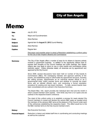 Section 1.106 of this Code. Each day of such violation shall constitute a separate
        offense.

        4) THAT, this Ordinance shall be effective on, from and after the 1st day of March
2012.

        INTRODUCED on the            day of                  , 2012, and finally PASSED,
APPROVED and ADOPTED on this the                   day of           , 2012.

                                                 CITY OF SAN ANGELO, TEXAS


ATTEST:
                                                 Alvin New, Mayor

Alicia Ramirez, City Clerk




Approved as to Content:                          Approved as to Form:


Will Wilde                                       Lysia H. Bowling
Water Utilities Director                         City Attorney
 