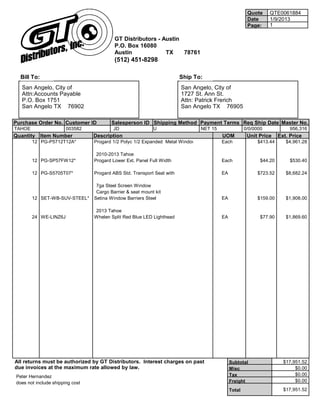 Quote     QTE0061884
                                                                                                      Date      1/9/2013
                                                                                                      Page:     1

                                          GT Distributors - Austin
                                          P.O. Box 16080
                                          Austin             TX    78761
                                          (512) 451-8298

  Bill To:                                                              Ship To:
   San Angelo, City of                                                  San Angelo, City of
   Attn:Accounts Payable                                                1727 St. Ann St.
   P.O. Box 1751                                                        Attn: Patrick Frerich
   San Angelo TX 76902                                                  San Angelo TX 76905

Purchase Order No. Customer ID           Salesperson ID Shipping Method Payment Terms Req Ship Date Master No.
TAHOE                  003582             JD                U                  NET 15                0/0/0000             956,316
Quantity     Item Number         Description                                            UOM           Unit Price     Ext. Price
        12 PG-P5712T12A*         Progard 1/2 Polyc 1/2 Expanded Metal Window            Each              $413.44       $4,961.28

                                  2010-2013 Tahoe
        12 PG-SP57FW12*          Progard Lower Ext. Panel Full Width                    Each                $44.20        $530.40

        12 PG-S5705T07*          Progard ABS Std. Transport Seat with                   EA                $723.52       $8,682.24

                                  7ga Steel Screen Window
                                  Cargo Barrier & seat mount kit
        12 SET-WB-SUV-STEEL*     Setina Window Barriers Steel                           EA                $159.00       $1,908.00

                                 2013 Tahoe
        24 WE-LINZ6J             Whelen Split Red Blue LED Lighthead                    EA                  $77.90      $1,869.60




All returns must be authorized by GT Distributors. Interest charges on past                  Subtotal                  $17,951.52
due invoices at the maximum rate allowed by law.                                             Misc                           $0.00
Peter Hernandez                                                                              Tax                            $0.00
does not include shipping cost                                                               Freight                        $0.00
                                                                                             Total                     $17,951.52
 