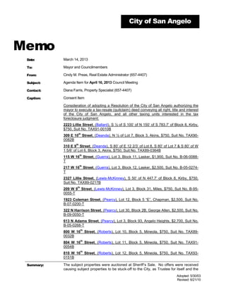 City of San Angelo



Memo
 Date:      March 14, 2013

 To:        Mayor and Councilmembers

 From:      Cindy M. Preas, Real Estate Administrator (657-4407)

 Subject:   Agenda Item for April 16, 2013 Council Meeting

 Contact:   Diana Farris, Property Specialist (657-4407)

 Caption:   Consent Item

            Consideration of adopting a Resolution of the City of San Angelo authorizing the
            mayor to execute a tax-resale (quitclaim) deed conveying all right, title and interest
            of the City of San Angelo, and all other taxing units interested in the tax
            foreclosure judgment:
            2223 Lillie Street, (Ballard), S ½ of S 100’ of N 150’ of S 783.7’ of Block 8, Kirby,
            $750, Suit No. TAX91-0010B
                     th
            309 E 10 Street, (Deanda), N ½ of Lot 7, Block 3, Akins, $750, Suit No. TAX90-
            0082B
                    th
            310 E 9 Street, (Deanda), S 80’ of E 12 2/3’ of Lot 8, S 80’ of Lot 7 & S 80’ of W
            1 5/6’ of Lot 6, Block 3, Akins, $750, Suit No. TAX89-0364B
                         th
            115 W 16 Street, (Guerra), Lot 3, Block 11, Lasker, $1,900, Suit No. B-06-0088-
            T
                         th
            217 W 16 Street, (Guerra), Lot 3, Block 12, Lasker, $2,500, Suit No. B-05-0274-
            T
            2327 Lillie Street, (Lewis-McKinney), S 50’ of N 447.7’ of Block 8, Kirby, $750,
            Suit No. TAX89-0217B
                     th
            209 W 9 Street, (Lewis-McKinney), Lot 3, Block 31, Miles, $750, Suit No. B-95-
            0055-T
            1923 Coleman Street, (Pearcy), Lot 12, Block 5 “E”, Chapman, $2,500, Suit No.
            B-07-0200-T
            322 N Harrison Street, (Pearcy), Lot 30, Block 2B, George Allen, $2,500, Suit No.
            B-09-0050-T
            613 N Adams Street, (Pearcy), Lot 3, Block 93, Angelo Heights, $2,700, Suit No.
            B-05-0268-T
                          th
            800 W 16           Street, (Roberts), Lot 10, Block 5, Mineola, $750, Suit No. TAX89-
            0032B
                          th
            804 W 16           Street, (Roberts), Lot 11, Block 5, Mineola, $750, Suit No. TAX91-
            0054B
                          th
            810 W 16           Street, (Roberts), Lot 12, Block 5, Mineola, $750, Suit No. TAX93-
            0151B

 Summary:   The subject properties were auctioned at Sheriff’s Sale. No offers were received
            causing subject properties to be stuck-off to the City, as Trustee for itself and the
                                                                                    Adopted: 5/30/03
                                                                                    Revised: 6/21/10
 