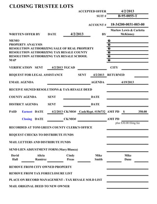 CLOSING TRUSTEE LOTS
                                              ACCEPTED OFFER                 4/2/2013
                                                         SUIT #            B-95-0055-T

                                                     ACCOUNT #        18-34200-0031-003-00
                                                                      Marlow Lewis & Carletta
WRITTEN OFFER BY          DATE         4/2/2013              BY             McKinney

MEMO                                                              ü
PROPERTY ANALYSIS                                                 ü
RESOLUTION AUTHORIZING SALE OF REAL PROPERTY                      ü
RESOLUTION AUTHORIZING TAX RESALE COUNTY                          ü
RESOLUTION AUTHORIZING TAX RESALE SCHOOL                          ü
MAP                                                               ü

VERIFICATION SENT           4/2/2013 TGCAD                            CITY

REQUEST FOR LEGAL ASSISTANCE                  SENT     4/2/2013 RETURNED

EMAIL AGENDA                                          AGENDA                  4/19/2013

RECEIVE SIGNED RESOLUTIONS & TAX-RESALE DEED

COUNTY AGENDA             SENT                        DATE

DISTRICT AGENDA           SENT                        DATE

PAID     Earnest DATE       4/2/2013 CK/MO#   Cash/Rcpt. #156732 AMT PD        $             350.00

         Closing DATE              CK/MO#                         AMT PD
                                                                         plus $30.00 filing fee
RECORDED AT TOM GREEN COUNTY CLERK'S OFFICE

REQUEST CHECKS TO DISTRIBUTE FUNDS

MAIL LETTERS AND DISTRIBUTE FUNDS

SEND LIEN ADJUSTMENT FORM (Mary/Blanca)
 David           Alicia              Cindy              Mike                     Mike
  Hall          Ramirez              Preas              Smith                    Dane

REMOVE FROM CITY OWNED PROPERTY

REMOVE FROM TAX FORECLOSURE LIST

PLACE ON RECORD MANAGEMENT - TAX RESALE SOLD LIST

MAIL ORIGINAL DEED TO NEW OWNER
 