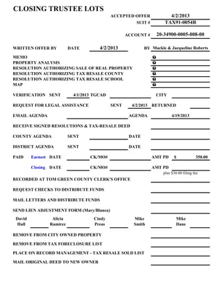 CLOSING TRUSTEE LOTS
                                             ACCEPTED OFFER               4/2/2013
                                                        SUIT #          TAX91-0054B

                                                    ACCOUNT #        20-34900-0005-008-00

WRITTEN OFFER BY          DATE         4/2/2013             BY Mackle & Jacqueline Roberts

MEMO                                                             ü
PROPERTY ANALYSIS                                                ü
RESOLUTION AUTHORIZING SALE OF REAL PROPERTY                     ü
RESOLUTION AUTHORIZING TAX RESALE COUNTY                         ü
RESOLUTION AUTHORIZING TAX RESALE SCHOOL                         ü
MAP                                                              ü

VERIFICATION SENT           4/1/2013 TGCAD                           CITY

REQUEST FOR LEGAL ASSISTANCE                 SENT     4/2/2013 RETURNED

EMAIL AGENDA                                         AGENDA                 4/19/2013

RECEIVE SIGNED RESOLUTIONS & TAX-RESALE DEED

COUNTY AGENDA             SENT                       DATE

DISTRICT AGENDA           SENT                       DATE

PAID     Earnest DATE              CK/MO#                        AMT PD      $             350.00

         Closing DATE              CK/MO#                        AMT PD
                                                                       plus $30.00 filing fee
RECORDED AT TOM GREEN COUNTY CLERK'S OFFICE

REQUEST CHECKS TO DISTRIBUTE FUNDS

MAIL LETTERS AND DISTRIBUTE FUNDS

SEND LIEN ADJUSTMENT FORM (Mary/Blanca)
 David           Alicia             Cindy              Mike                    Mike
  Hall          Ramirez             Preas              Smith                   Dane

REMOVE FROM CITY OWNED PROPERTY

REMOVE FROM TAX FORECLOSURE LIST

PLACE ON RECORD MANAGEMENT - TAX RESALE SOLD LIST

MAIL ORIGINAL DEED TO NEW OWNER
 